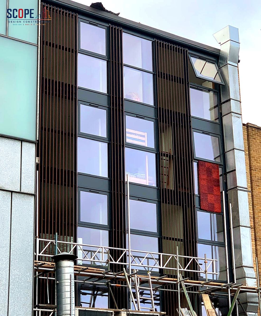Commercial facade works with access scaffolding