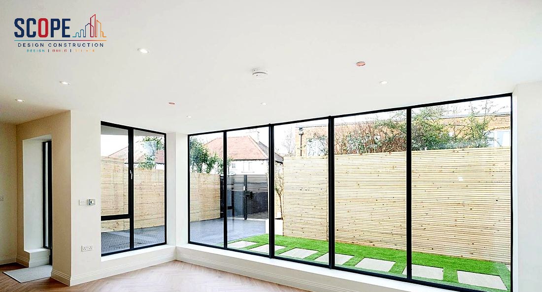 Bright finished interior with full-height glazing
